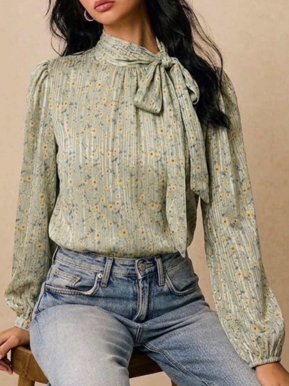 NWT- Tie-Neck Long Sleeve Floral Blouse - Sage Green